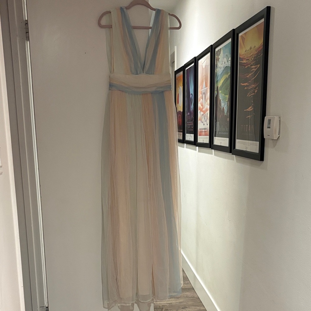Soieblu Pastel Cream and Blue Striped Tulle Maxi Dress